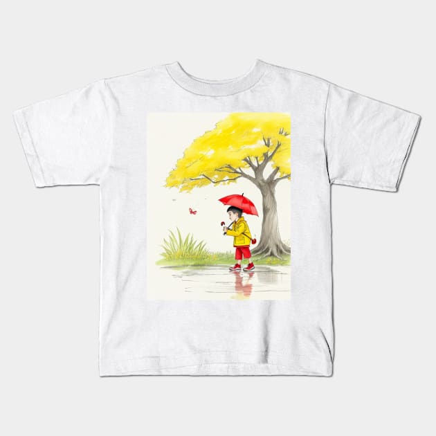 kid playing in water puddles. Kids T-Shirt by MeriemBz